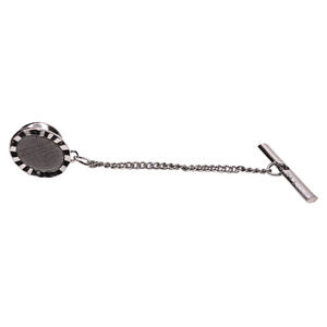 Men's Silver Tone Oval Tie Tack Pin With Chain - 1/2 Inch Long Oval